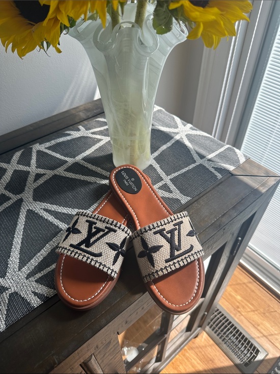 LV Shoes - Louis Vuitton Brown Leather Slides with Monogram Canvas Strap